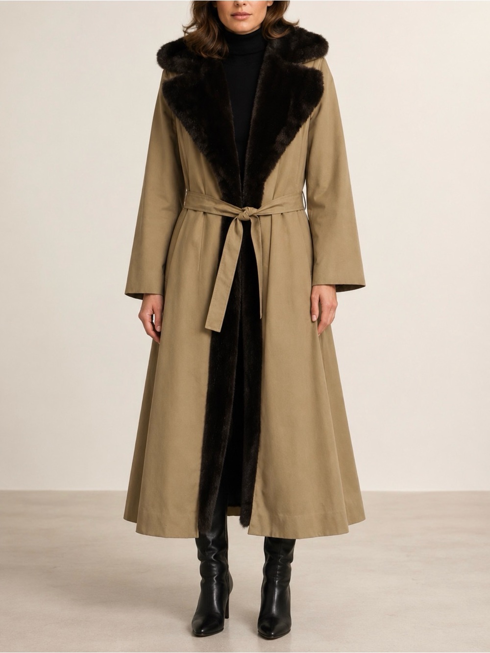 Vintage 70s ROSEWIN Tissavel Brown Luxury Faux Fur Maxi Designer Trench Coat S